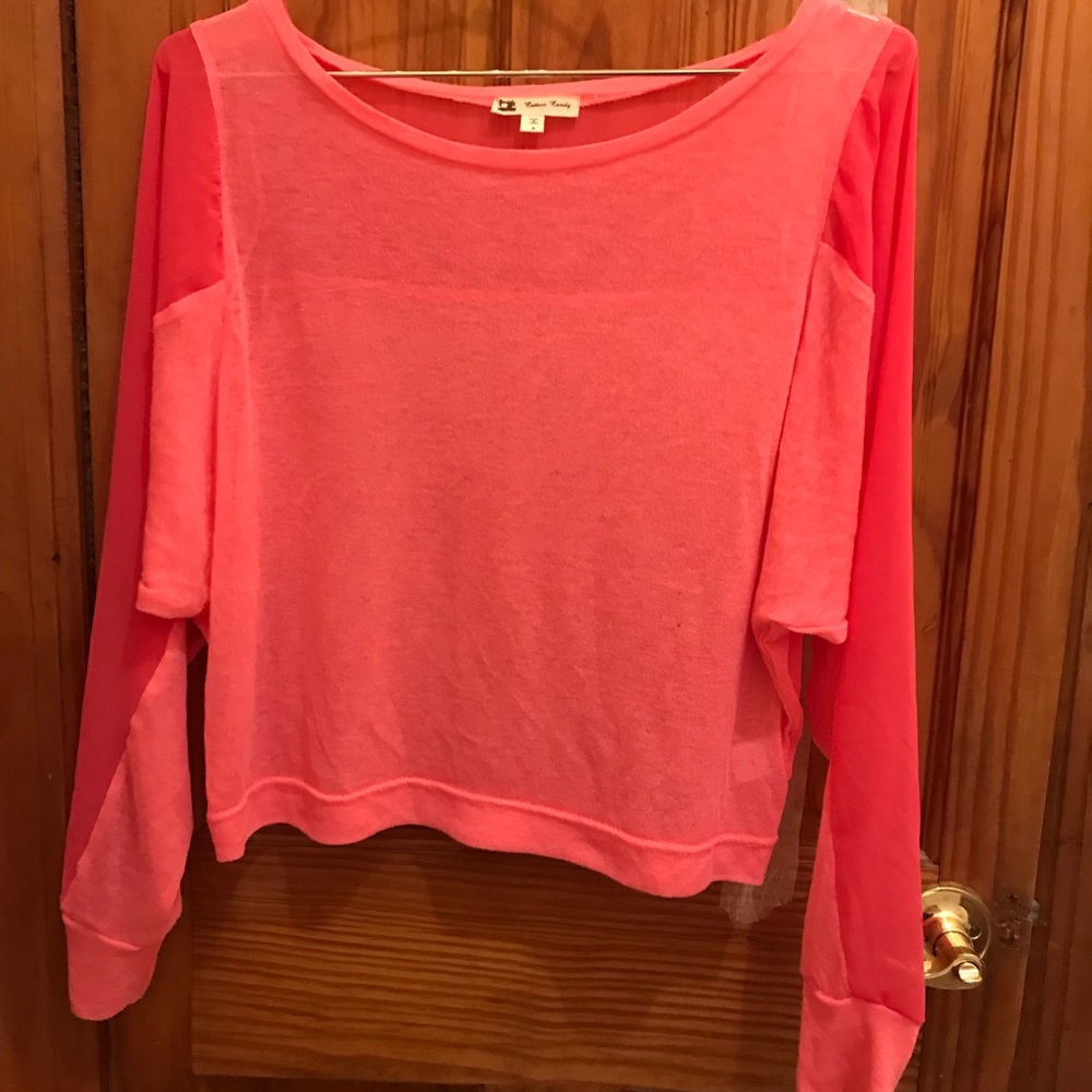 Wispy thin  pink cropped sweater w sheer sleeves